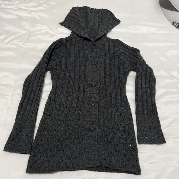 Heirloom Collectibles Long Cardigan Sweater Cowl Neck Big Buttons Womens M Gray - Picture 1 of 8